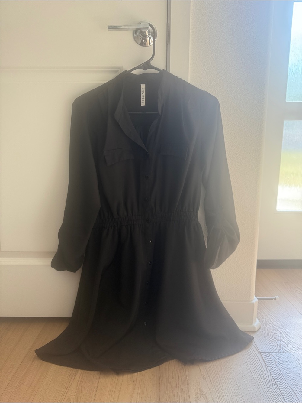 Black Long-Sleeve Button Front Dress with Elastic Waist